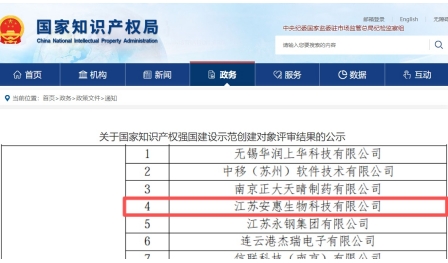 安惠入圍國(guó)家知識(shí)產(chǎn)權(quán)示范創(chuàng)建名單